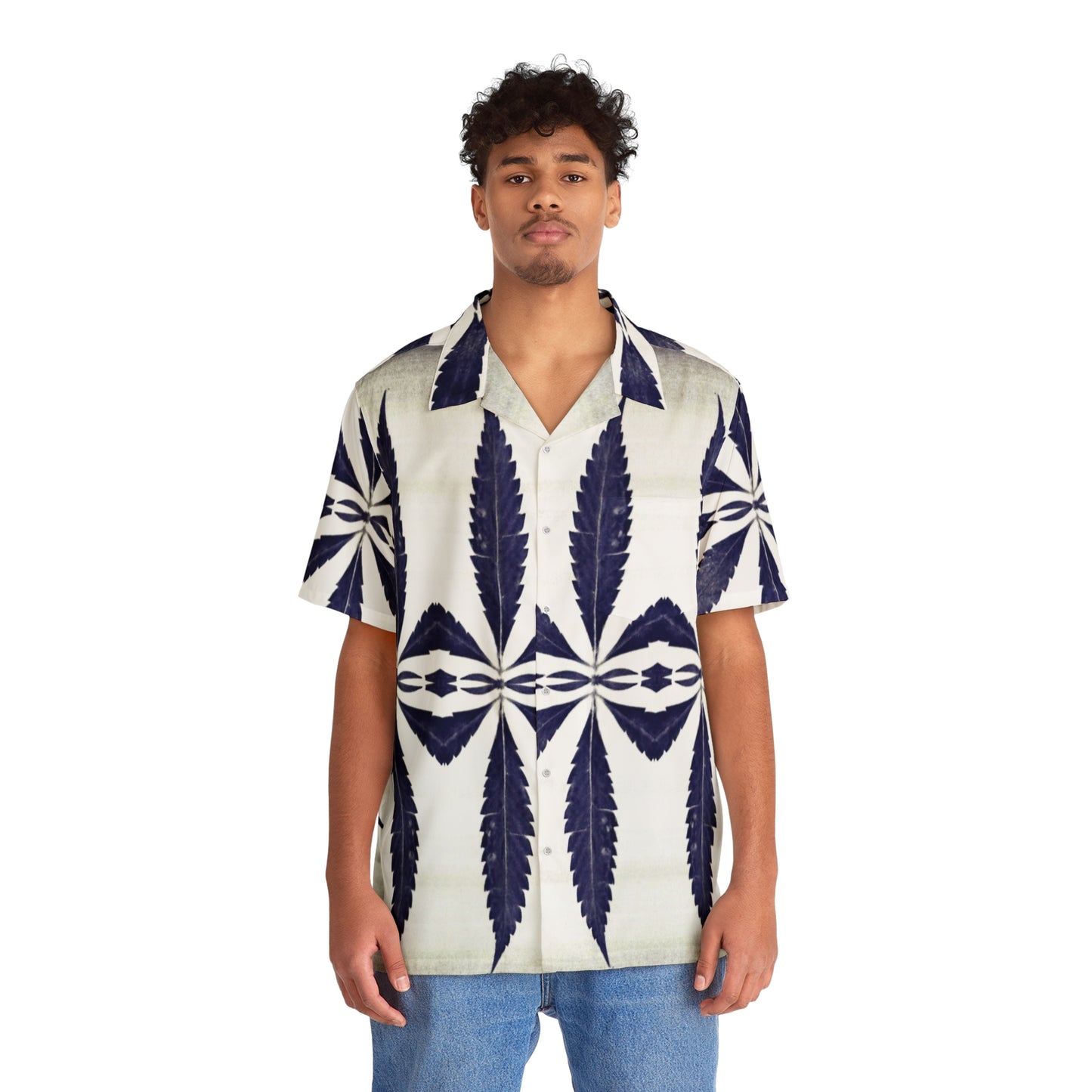 Men's Hawaiian Shirt Blue Fan Leaf Button Up Shirt